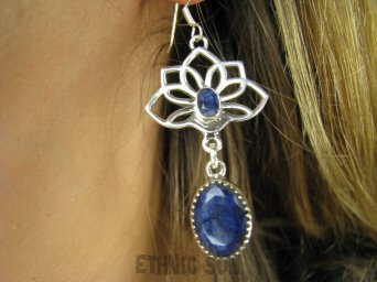 bkee1134 Kwiat Lotosu - talizman wiecznej młodości !!! CUDOWNE Długie 6 cm Kolczyki Szafir Indyjski Szafiry SREBRO 925
