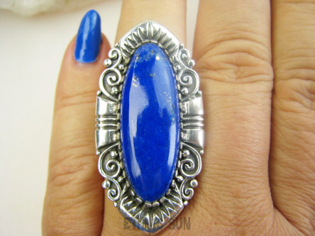 bpe9676 HRABIA BAŚNIOWY KLEJNOT - Piękny Długi 4.7 cm 20g Pierścień Pierścionek Lapis Lazuli straznik prawdy i mądrości r.15/ r.18 Srebro 925 #