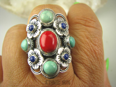 bpe7900 Wybitna kolekcja - Duży Piękny Pierścień Koral Turkus Turkusy Lapis Lazuli r.22 Srebro 925 #