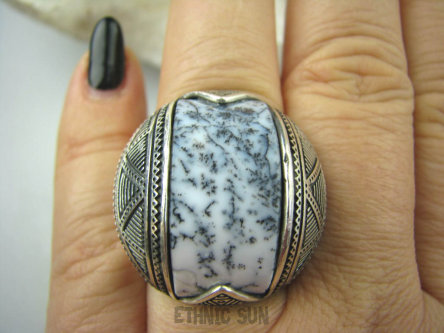 bpe5528 Fenomenalny Okaz !!!! Marokański Pierścień Agat Dendrytowy marokańskie wzornictwo MAROKO r.18 Duży Rozmiar Srebro 925 #