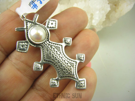 bwee2211 Piękny  Duży 11G Wisior Zawieszka AZTECKIE WZORY naturalna Perła Hodowlana Perły, Aztekowie Meksyk Srebro 925 #