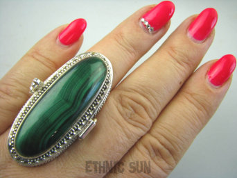 bpe5642 GIGANT AŻ 33 gramy Długi 4,6 cm Otwierany Duży  SEKRETNIK  !! Pierścień na Zdjęcia lub Marzenia Malachit - pobudza kreatywność r.21 Srebro 925 #