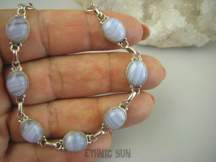 bb2739 Bransoleta fioletowy błękitny KORONKOWY AGAT BLUE LACE kamień spokoju i pozytywnego myślenia idealny na STRES , CHOROBY OCZU , USZU UKOJENIE DUSZY Srebro 925 #