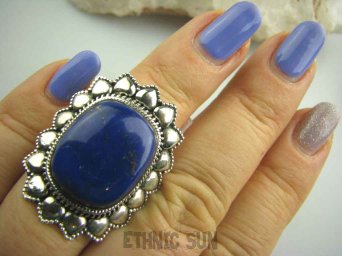 bpe3674  Orientalny Piękny WIELKI  Kwiat Pierścień z królewskim Lapis Lazuli - strażnik prawdy i mądrości r.13 Srebro 925 #