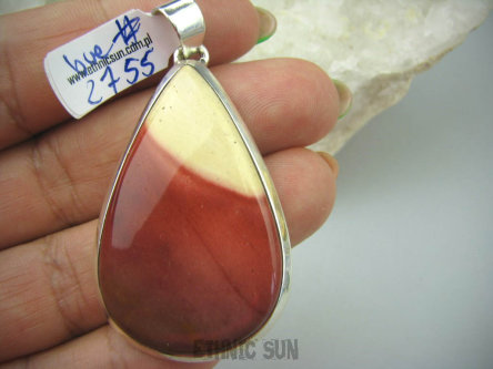bwe2755 BAŚNIOWA KROPLA RUDO-ECRU Duży 5,6cm / 2,8cm  Klasyczny Wisior Wielobarwny JASPIS MOKAIT - kamień antystresowy lśniące Srebro 925 #