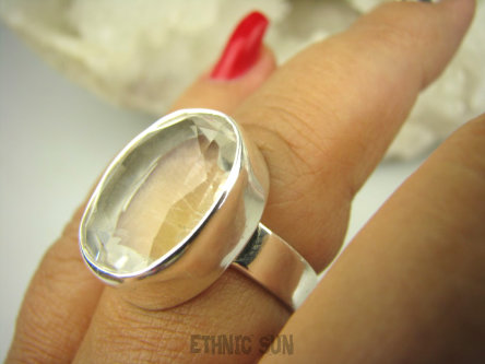 bpee3857 WSPANIAŁY KLASYCZNY OKAZ Odpromiennik zdobi leczy chroni Lśniący Pierścień Kryształ Górski r.16 Srebro 925 #