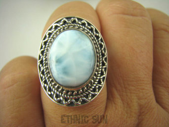 bpe6351 Błękitny Pierścień Rzadki Błękitny Larimar (kamień Anielski ) - stawy, serce lęki, otwiera czakrę gardła r.16 Srebro 925 #