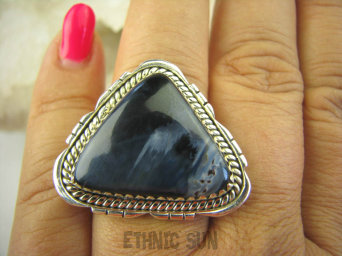 bpe6273 CUDNY mieniący się Pierścień Iskrzący KAMIEŃ BURZY Czarny Niebieski Pietersyt z Namibii - RZADKOŚĆ r.19 Srebro 925 #
