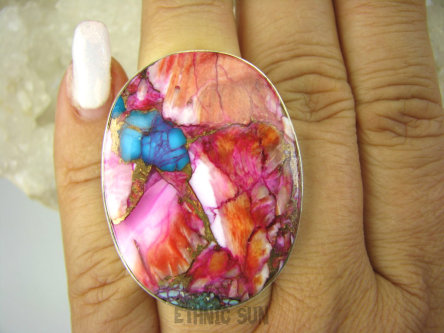 bpe8439 Cudowna barwa Wielobarwny OKAZ 4 cm / 3 cm Pierścień OSTRYGOWY TURKUS MIEDZIANY Mojave OSTRYGA Muszla złota MIEDZ r.14/ r.15 Srebro 925 #