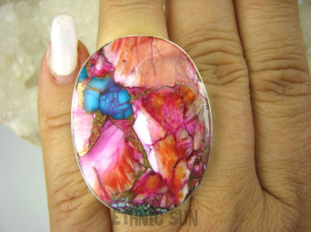 bpe8439 Cudowna barwa Wielobarwny OKAZ 4 cm / 3 cm Pierścień OSTRYGOWY TURKUS MIEDZIANY Mojave OSTRYGA Muszla złota MIEDZ r.14/ r.15 Srebro 925 #