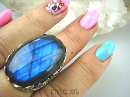 bpe5697 KRÓLEWSKA KORONA !!!  Niezwykły Duży OKAZ Orientalny Pierścień LABRADORYT Spektrolit - kamień Zorzy Polarnej r.18 SREBRO 925 #