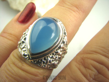 bpe4420 BŁĘKITNO NIEBIESKI Cudny Pierścień Pierścień Chalcedon - wspomagający leczenie Tarczycy r.13 Mały Rozmiar Srebro 925 #