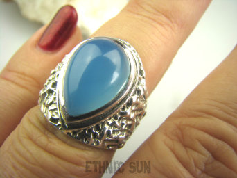 bpe4420 BŁĘKITNO NIEBIESKI Cudny Pierścień Pierścień Chalcedon - wspomagający leczenie Tarczycy r.13 Mały Rozmiar Srebro 925 #