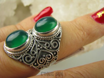 bpe6466 Magiczny Pierścień zielony ONYKS regeneruje SERCE, EGZEMY, PAMIĘĆ r.13 (mały rozmiar) zdobiona obrączka Srebro 925 #