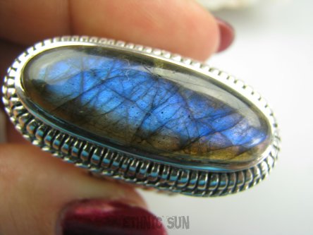 bpe4431 PIĘKNA BOGINI !!!! Cudowny Duży Długi 4,2 cm OKAZ Pierścień naturalny Niebiesko Granatowy Labradoryt Spektrolit - kamień Zorzy Polarnej r.21 Srebro 925 #