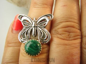 bpe9153 CUDO FILIGRAN ! Ażurowy MOTYL - Symbol Miłości Szczęścia i Radości Pierścień, Pierścionek Malachit r.13 Srebro 925 #