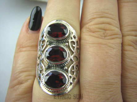 bpee3032 LŚNIĄCA HRABINA !!! Długi Olśniewający Ażurowy Pierścień szlachetne GRANATY r.13 szeroka obrączka Srebro 925 #