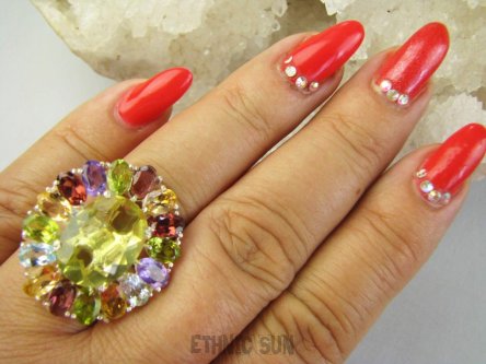 bpee4731 Wooow BOSKO PIĘKNY WIELOBARWNY Lux Pierścień Pierścionek naturalny Cytryn Lemon, Ametyst, Granaty, Oliwin, Blue Topaz r.19 SREBRO 925 #