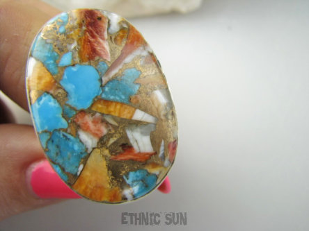 bpe9453 Duża 3,7cm/2,5cm Wielobarwna Ostryga 16G Pierścień OSTRYGOWY TURKUS MIEDZIANY Turkus OSTRYGA Muszla złota MIEDZ r.17 Srebro 925 #