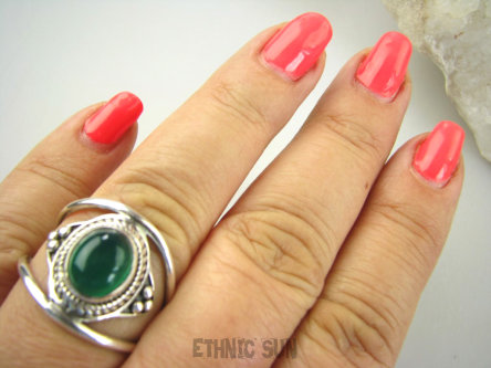 bpe9125 Finezyjny Ażurowy Pierścień Pierścionek podwójna obrączka naturalny Zielony Onyks r.22 Srebro 925 #