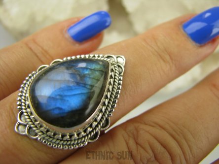 bpe6919 Egzotyczny Pierścień Granatowy Labradoryt Spektrolit - kamień Zorzy Polarnej r.16 Srebro 925 #