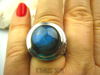 bpe2142 GRANATOWY CZARODZIEJ !!! NIEZWYKŁY OKAZ Masywny DUŻY Lśniący Pierścień Labradoryt Spektrolit kamień Zorzy Polarnej r.17 Srebro 925 #