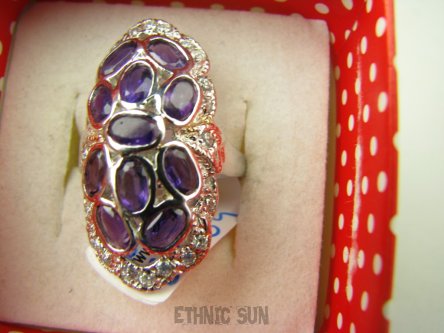 bpee3934 Długi Lśniący Pierścień Pierścionek naturalny Fioletowy Ametyst, oraz Cyrkonie r.13 SREBRO  RODOWANE 925 Tajlandia