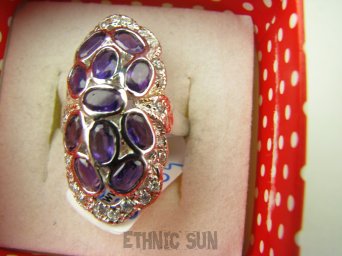 bpee3934 Długi Lśniący Pierścień Pierścionek naturalny Fioletowy Ametyst, oraz Cyrkonie r.13 SREBRO  RODOWANE 925 Tajlandia