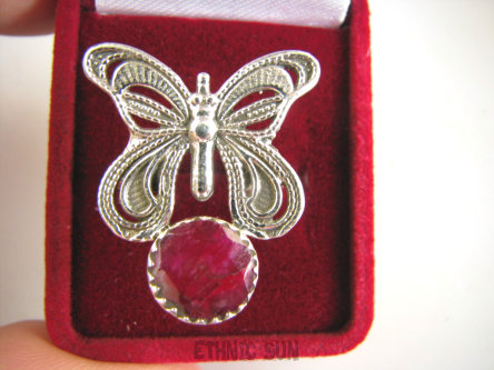 bpee4176 CUDO Filigran ! Ażurowy MOTYL - Symbol Miłości Szczęścia i Radości Pierścień, Pierścionek  Rubin Indyjski r.14 Srebro 925