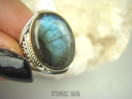 bpe6895 Delikatny Ażurowy Pierścień Niebieski Labradoryt Spektrolit - kamień zorzy polarnej r.17/ r.18 Srebro 925 #