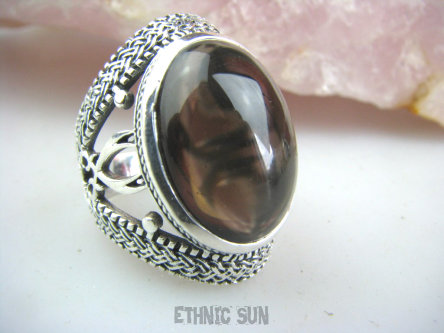 bpe4722 Śliczny ażurowy Pierścień KWARC DYMNY kamień antystresowy i uspokajający r.22 zdobiona ażurowa obrączka Srebro 925 #