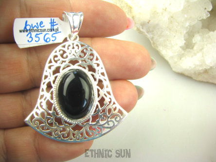 bwe3565 PRZECUDNY DZWONECZEK - Duży Ażurowy Wisior Zawieszka Czarny Onyks regeneruje SERCE, EGZEMY,PAMIĘĆ Srebro 925 #