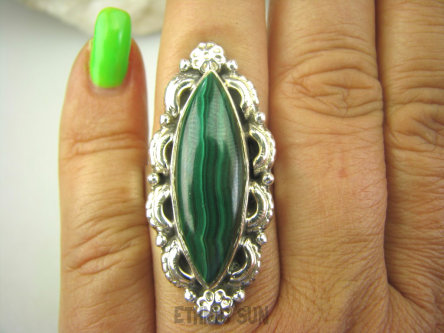 bpe7870 Przepiękny Długi 4,2 cm Orientalny Pierścień naturalny zielony MALACHIT - pobudza kreatywność r.20 Srebro 925 #