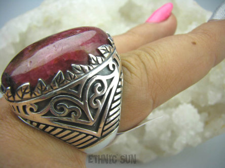 bpe6005 KRÓLEWSKA KORONA !!!  Wielki OKAZ 26 G! Różowy Pierścień RODONIT - Niepokój, stres, bóle głowy, skurcze r.22 Srebro 925 #