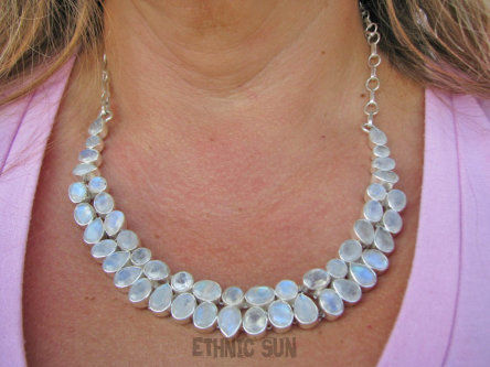 bn1584 ALE CUDO tęczowy KOMPLET aż 60 gramów!! PODWÓJNA kolia + kolczyki szlifowany Kamień Księżycowy LUX Duży regulowany Naszyjnik 46 sztuk kamieni Srebro 925 #