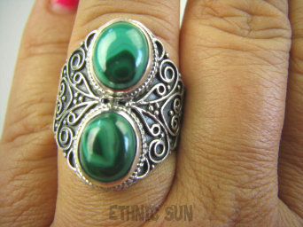bpe6281 Biżuteria Egzotyczna !!! Pierścień Zielony MALACHIT - pobudza kreatywność r.20/ r.21 Srebro 925 #