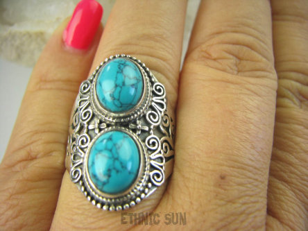 bpe6442 Biżuteria Egzotyczna !!! Kunsztowny Niesamowity Pierścień Turkusowy Howlit r.22 zdobiona obrączka Srebro 925 # 