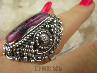 bpe6865 CUDO UNIKAT RARYTAS NASZ PROJEKT  !!! Duży Masywny 32 G !!! PIERŚCIEŃ MALINOWO-CZARNY RODONIT r.19 Srebro 925 #