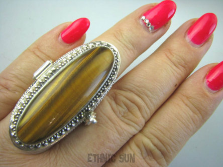 bpe5643 GIGANT 30 gramów !!! Długi Otwierany Duży Sekretnik Pierścień na zdjęcia lub marzenia, Tygrysie Oko - Wspomaga Oczy Astma Krążenie i TRAWIENIE r.15 Srebro 925 #