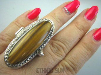 bpe5643 GIGANT 30 gramów !!! Długi Otwierany Duży Sekretnik Pierścień na zdjęcia lub marzenia, Tygrysie Oko - Wspomaga Oczy Astma Krążenie i TRAWIENIE r.15 Srebro 925 #