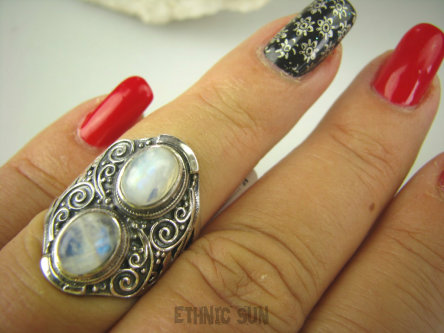 bpe6889 Biżuteria Egzotyczna Ażurowy Pierścień KAMIEŃ KSIĘŻYCOWY r.15 zdobione Srebro 925 #