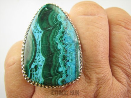 bpe9133 LAZUROWE MARZENIE !! Niewiarygodnie piękny Duży 24G Regulowany Pierścień AZURYT Z CHRYZOKOLA ORAZ MALACHIT  RZADKOŚĆ - Piękny Kolor r.17, r.18, r.19, r.20 Srebro 925 #