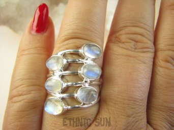 bpe8950 ZAKRĘCONA SPIRALA !!!! Ażurowy Pierścień Pierścionek potrójna obrączka Kamień Księżycowy r.16/ r.17 Srebro 925 #