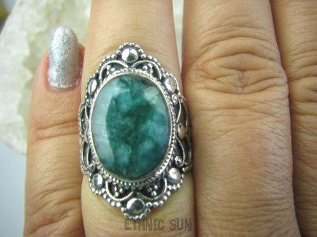 bpee3235 SZMARAGDOWY KLEJNOT - Piękny Egzotyczny OKAZ Pierścień zielony Szmaragd Indyjski Szmaragdy r.16 Srebro 925 #