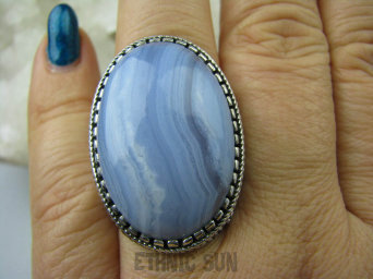 bpe5478 BŁEKITNO-FIOLETOWY duży  OKAZ 20 gramów !!! Pierścień  KORONKOWY AGAT BLUE LACE STRES , CHOROBY OCZU I USZU  r.21/r.22 Srebro 925 #