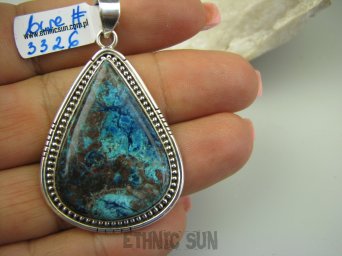 bwe3326 Piękna Egzotyczna Kropla !!!  Wisior naturalny Brązowo Niebieski AZURYT zdobione Srebro 925 #