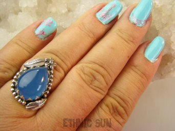 bpe9167 Piękny Egzotyczny Pierścień Pierścionek niebieski CHALCEDON czakra gardła (TARCZYCA) r.17 Srebro 925 #