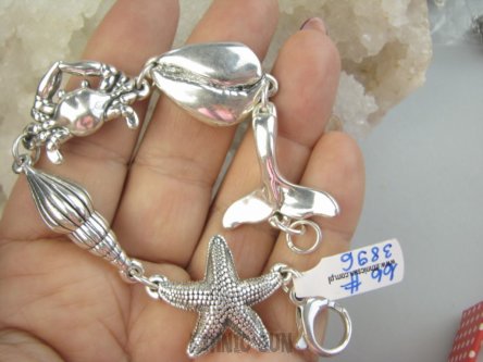 bb3896 MORSKIE SKARBY !!!! PRZEMEGAŚNA Fantastyczna Duża 20g ! lekka Lśniąca Bransoleta Delfin, Muszla, Rozgwiazda, Krab cała ze Srebra dmuchane Srebro 925 #