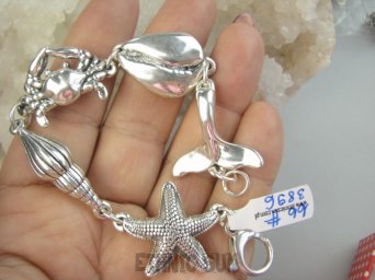bb3896 MORSKIE SKARBY !!!! PRZEMEGAŚNA Fantastyczna Duża 20g ! lekka Lśniąca Bransoleta Delfin, Muszla, Rozgwiazda, Krab cała ze Srebra dmuchane Srebro 925 #