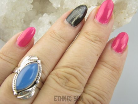 bpe9390 Delikatna Piekność Pierścień Pierścionek niebieski CHALCEDON czakra gardła (TARCZYCA) r.13 Srebro 925